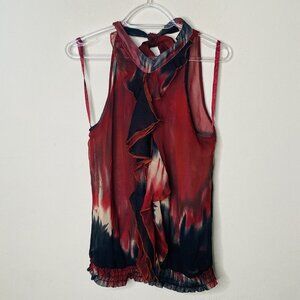 Cotton Express Top Women S Red Black Tie Dyed Abstract Ruffles Halter Sheer